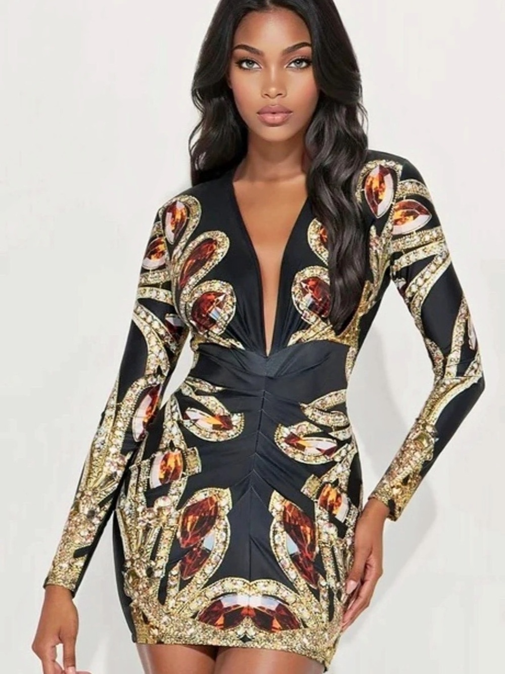House of CB Mona Abstract Print Mini Dress in Black & Gold